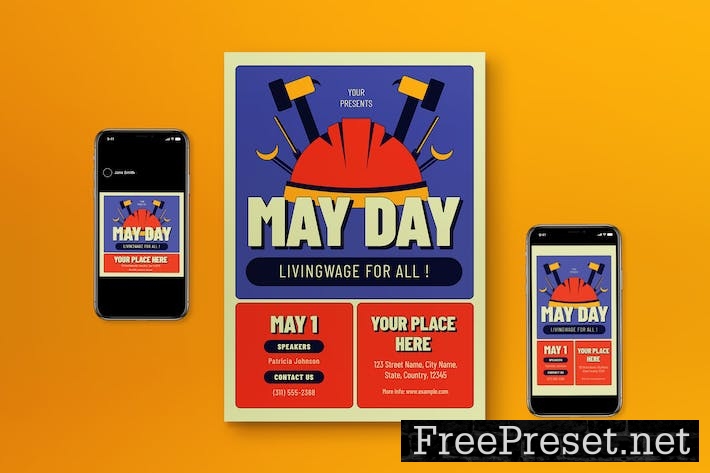 Orange Flat Design May Day Flyer Set LGYAJ3Q