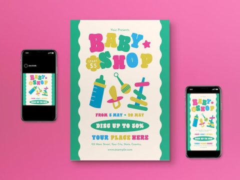 Pink Flat Design Baby Shop Flyer Set