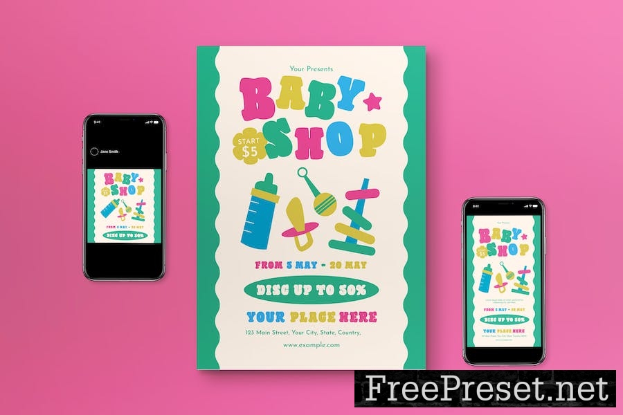 Pink Flat Design Baby Shop Flyer Set