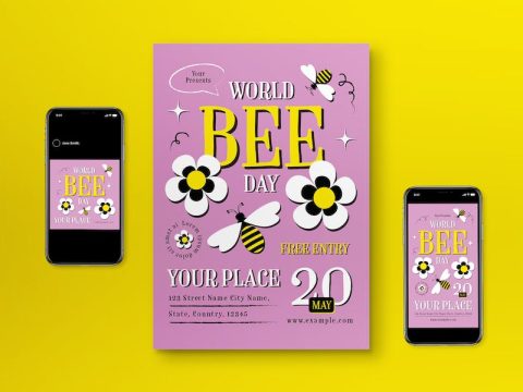 Pink Flat Design World Bee Day Flyer Set VYDMMGR