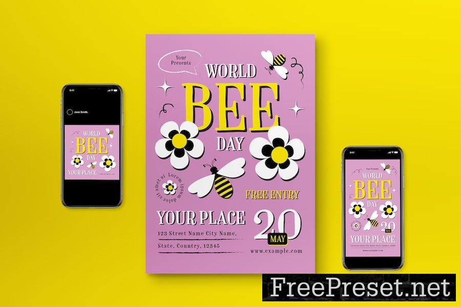 Pink Flat Design World Bee Day Flyer Set VYDMMGR