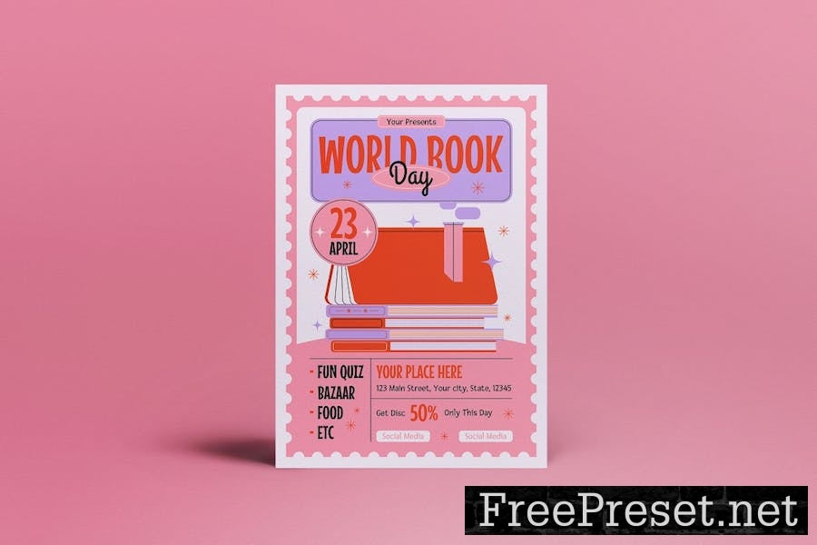 Pink Flat Design World Book Day Flyer Set BW2FHAQ