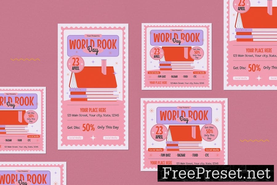 Pink Flat Design World Book Day Flyer Set BW2FHAQ