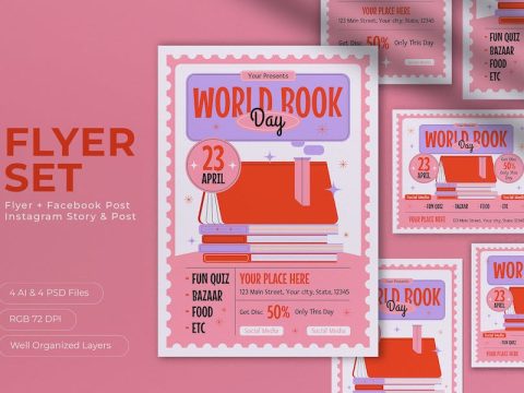 Pink Flat Design World Book Day Flyer Set BW2FHAQ