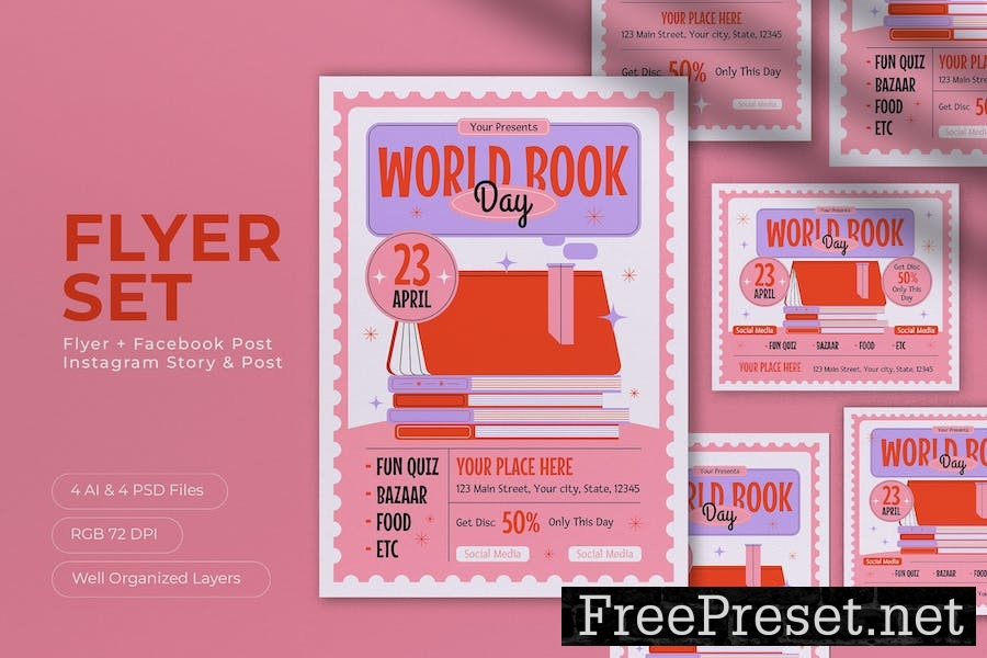 Pink Flat Design World Book Day Flyer Set BW2FHAQ