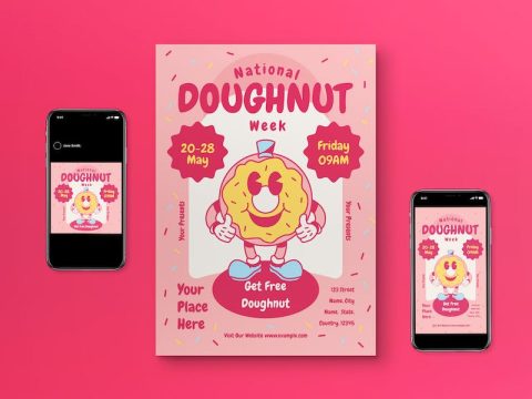 Pink Retro Cartoon National Doughnut Flyer Set