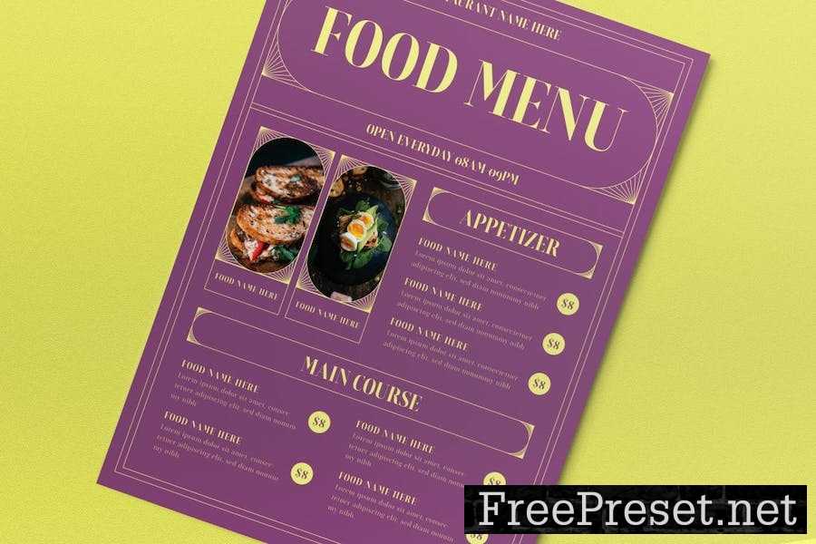 Purple Art Deco Restaurant Food Menu E5MQU68