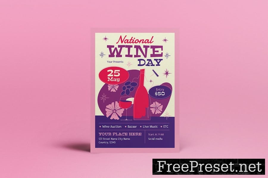 Purple Mid Century National Wine Day Flyer Set PQJGASB