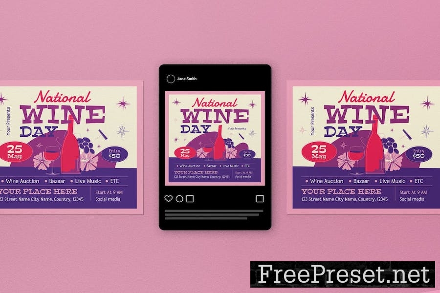 Purple Mid Century National Wine Day Flyer Set PQJGASB