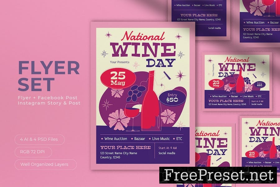 Purple Mid Century National Wine Day Flyer Set PQJGASB