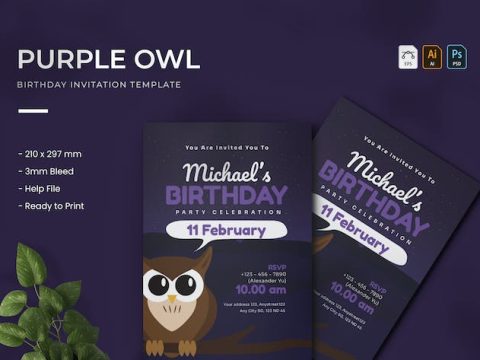 Purple Owl - Birthday Invitation 4U2LDUX