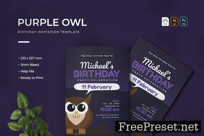 Purple Owl - Birthday Invitation 4U2LDUX