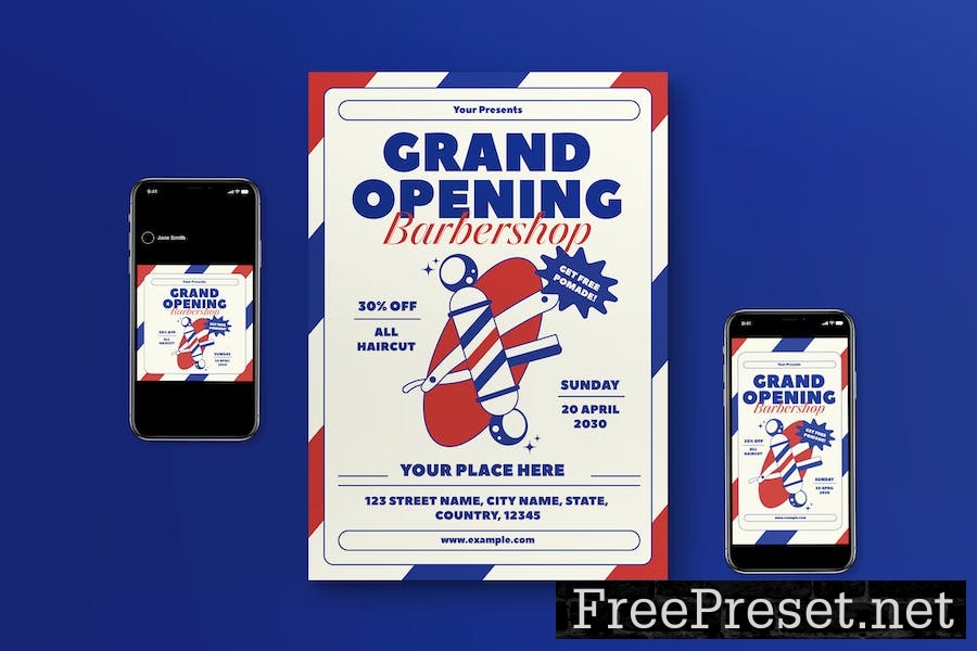 Red Retro Grand Opening Barbershop Flyer Set W8RHJEQ