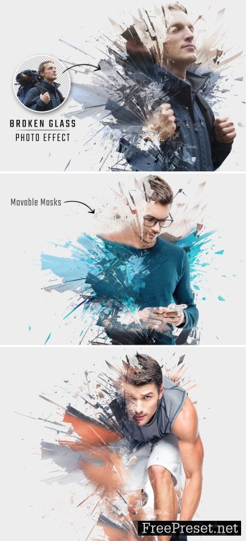 Shattered glass explosion dispersion photo effect mockup