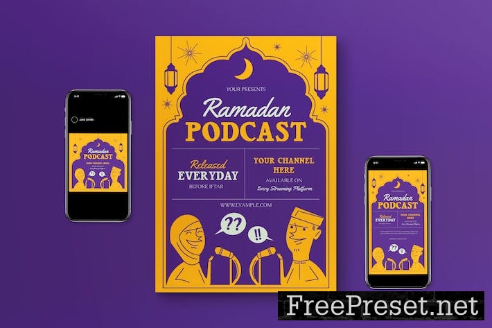 Yellow Hand Drawn Ramadan Podcast Flyer Set J7JNUCW