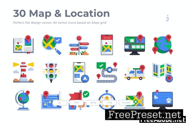 30 Map and Location Icons - Flat 9Y8E4WT