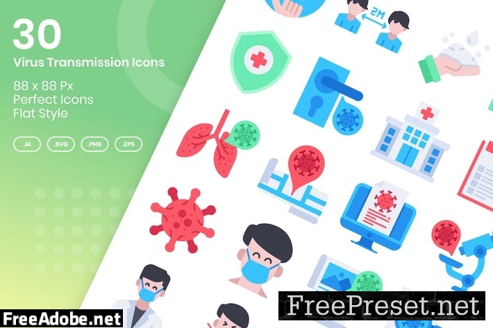 30 Virus Transmission Icons Set - Flat CFB4NR2