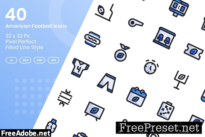 40 American Football Icons Set - Filled Line LSCZARU