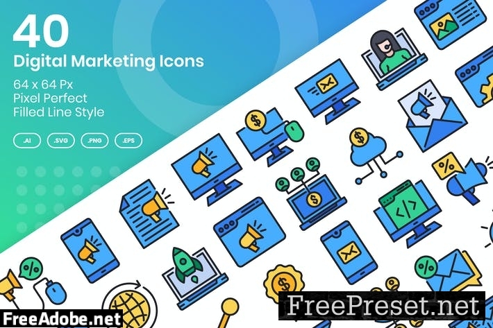 40 Digital Marketing Icons Set - Filled Line B2E3DEE