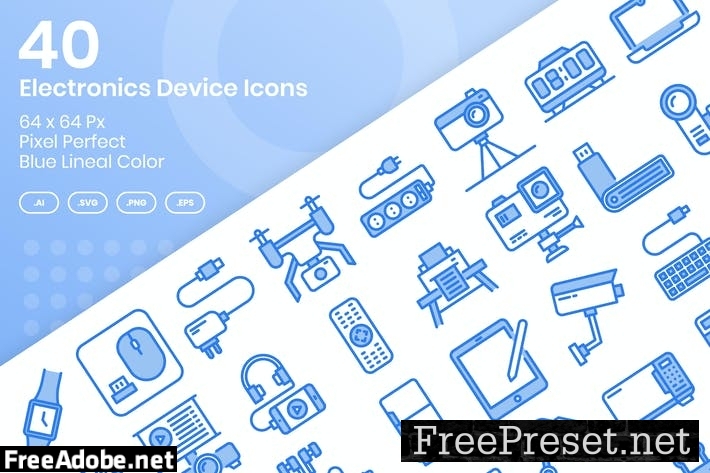 40 Electronics Device Icon Set - Blue Lineal Color SGHM2S6