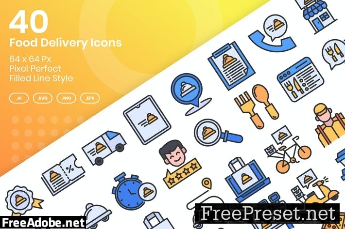 40 Food Delivery Icons Set - Filled Line F89GH4E