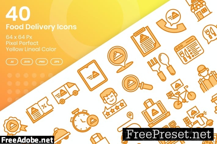 40 Food Delivery Icons Set - Yellow Lineal Color T584HXN