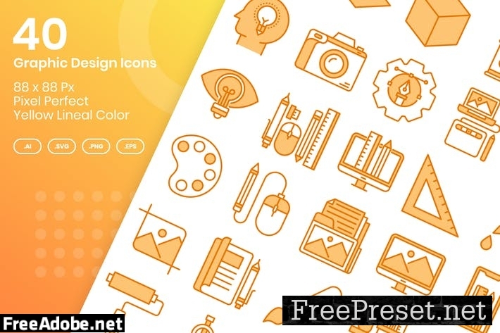 40 Graphic Design Icons Set - Yellow Lineal Color F69GKKD