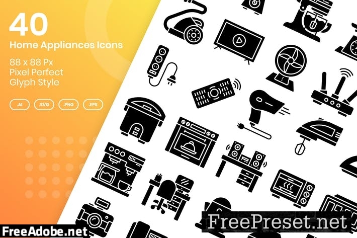 40 Home Appliances Icons Set - Glyph NUSPYPV