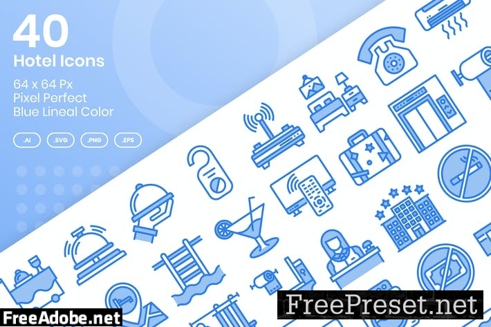 40 Hotel Icons Set - Blue Lineal Color T3YMVQ9