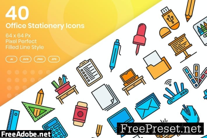 40 Office Stationery Icons Set - Filled Line 2Z784UT