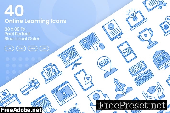 40 Online Learning Icons Set - Blue Lineal Color 76AV9WX