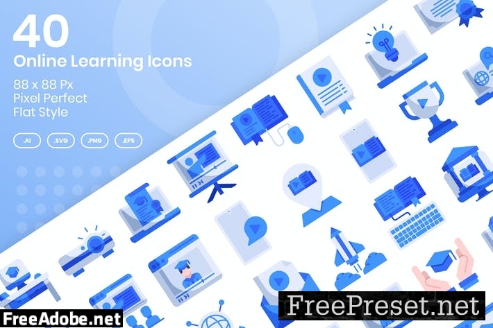 40 Online Learning Icons Set - Flat UQUBHL7