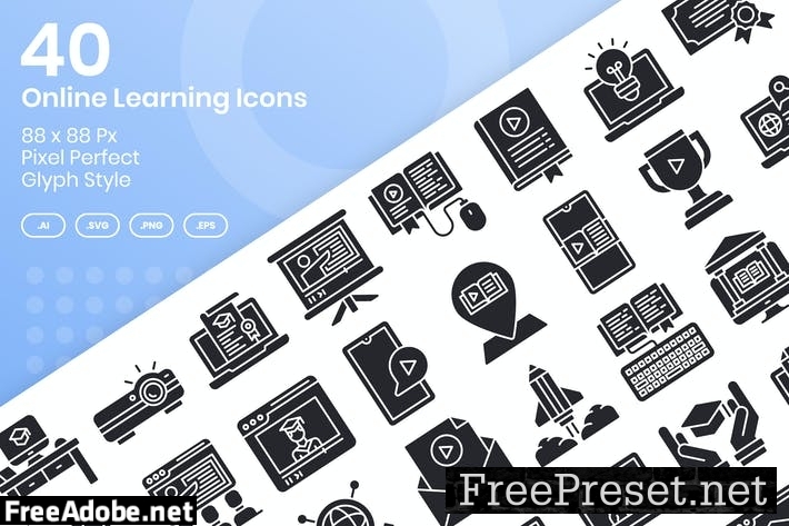 40 Online Learning Icons Set - Glyph 8BZBZA4