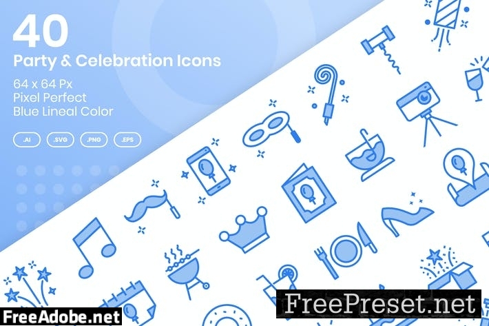 40 Party & Celebration Icons - Blue Lineal Color N89CJ5K