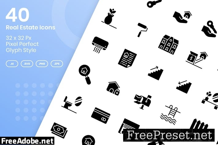 40 Real Estate Icons Set - Glyph 8GKUGND