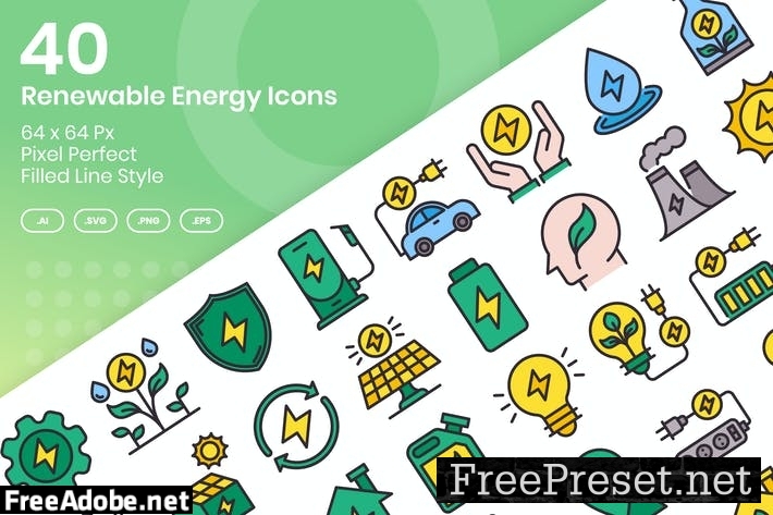 40 Renewable Enegy Icons Set - Filled Line E2FH4XZ