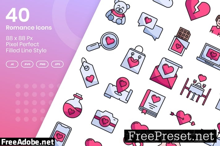 40 Romance Icons Set - Filled Line NBPDDZ9