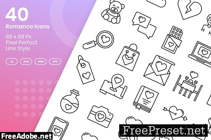 40 Romance Icons Set - Line YWMCXR2