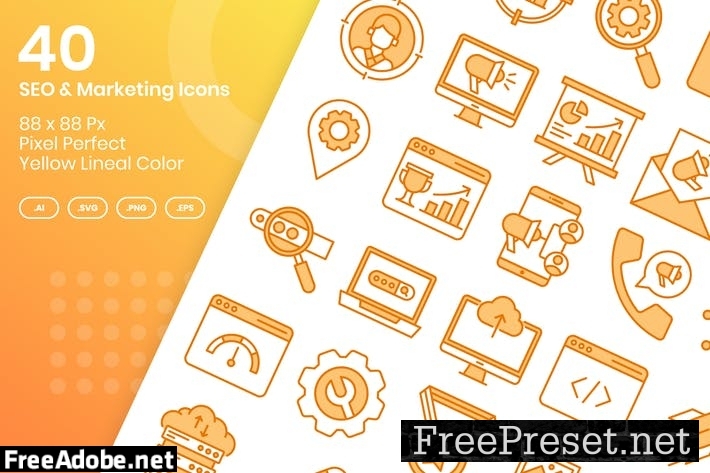 40 SEO & Marketing Icons Set - Yellow Lineal Color R53S24K