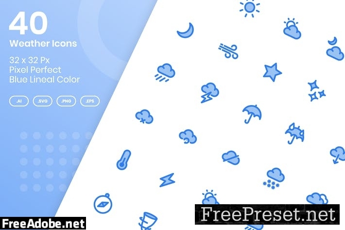 40 Weather Icons Set - Blue Lineal Color 9XCHXVB