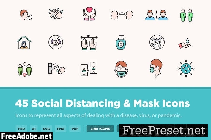 45 Social Distancing & Mask Icons DBT3YFA