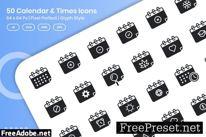 50 Calendar & Times Icons Set - Glyph 66CLJER