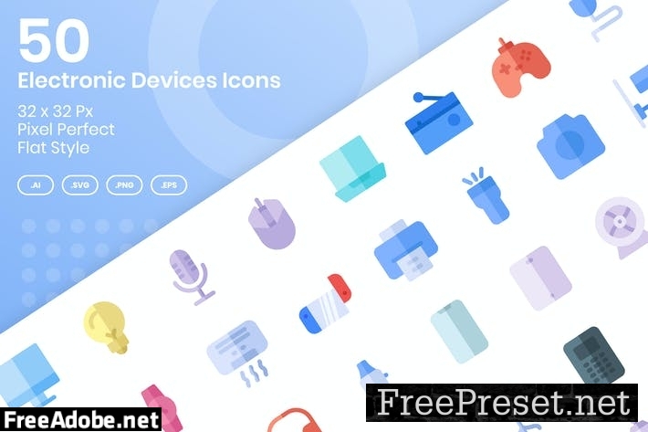 50 Electronic Devices Icons Set - Flat SJGTQWJ