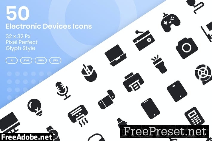 50 Electronic Devices Icons Set - Glyph 2MC32AV