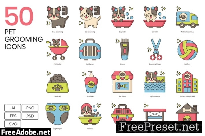 50 Pet Grooming Line Icons 529P8NE