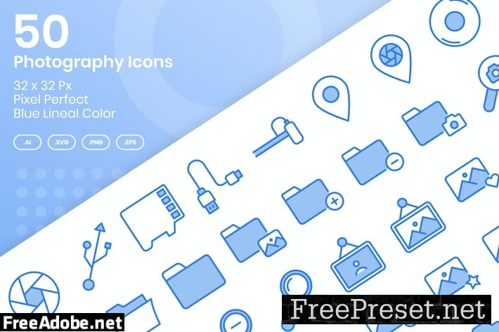 50 Photography Icons Set Vol 1 - Blue Lineal Color TW7FY6Y