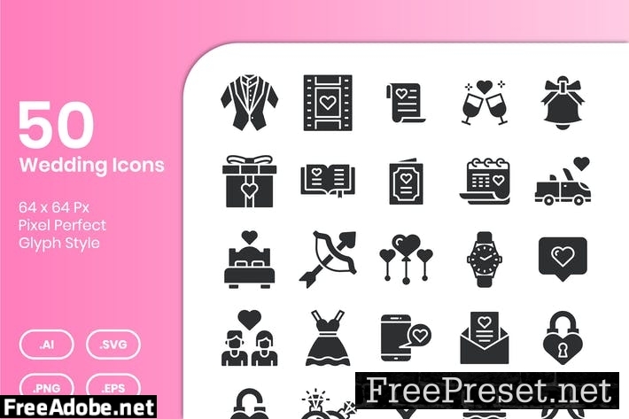 50 Wedding Icons Set - Glyph YEBXX5D