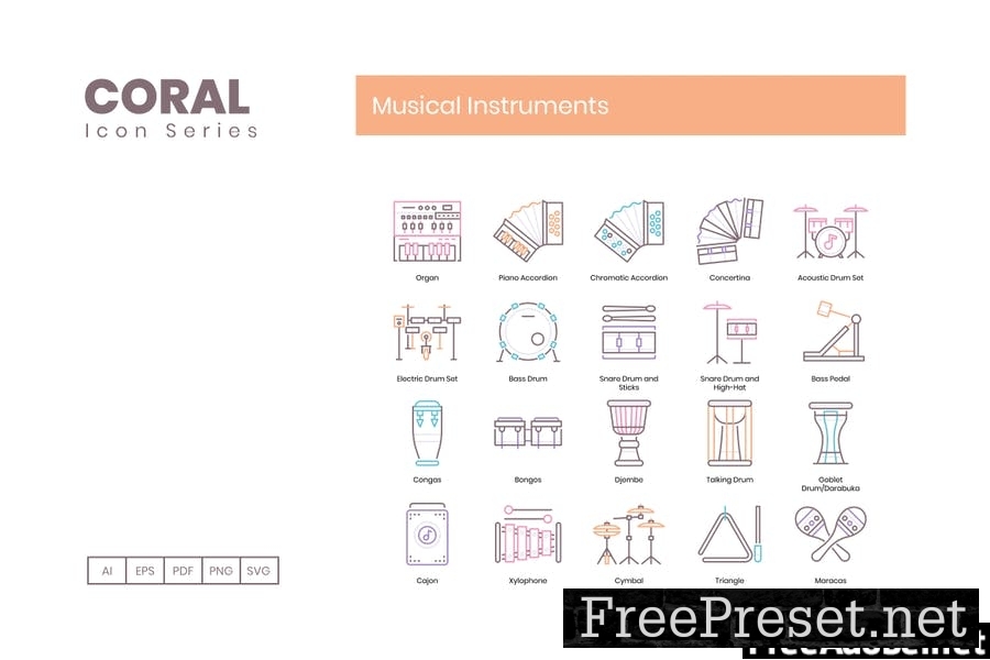 60 Musical Instruments Icons - Coral Series