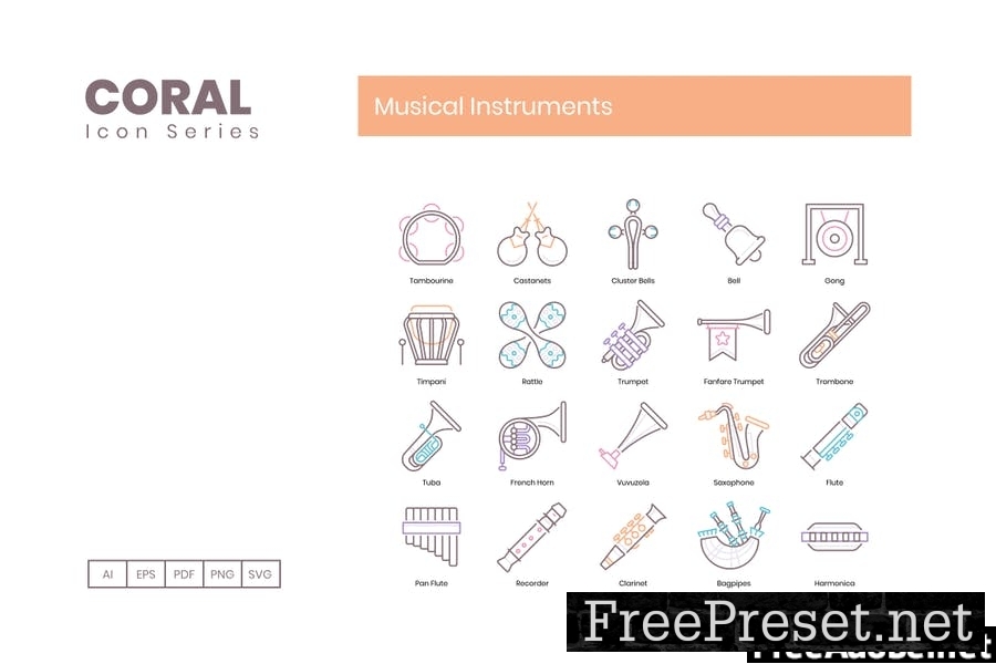 60 Musical Instruments Icons - Coral Series