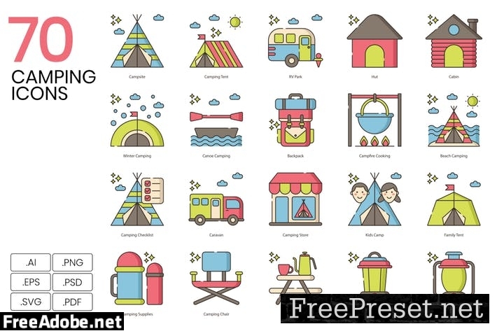 70 Camping Line Icons Q7GY5R5